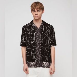All Saints mens L Large relaxed fit stix black viscose Hawaiian shirt EUC